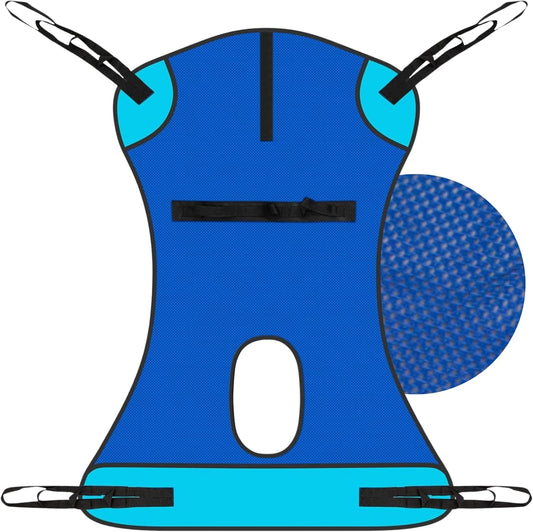 Blue patient lift sling with commode opening and black lifting straps, mesh support