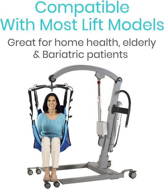 Blue patient lift sling with commode opening shown on a lift frame, black straps