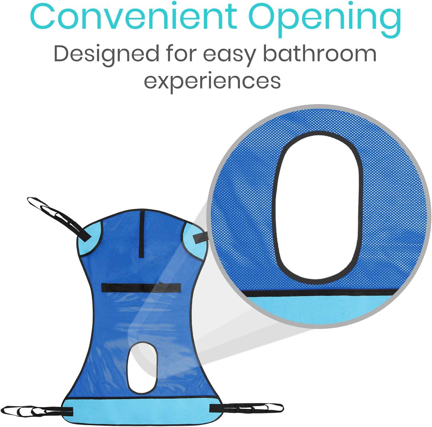 Blue patient lift sling with oval commode opening and black support straps, mesh