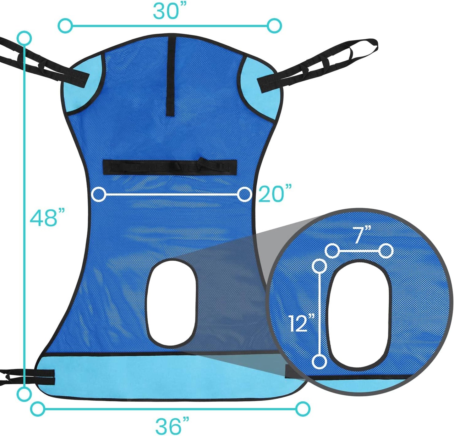 Blue patient lift sling with commode opening, black straps, measurement diagram