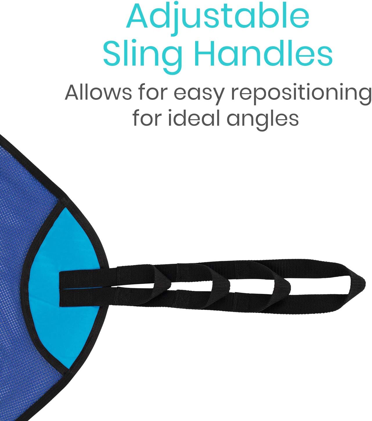 Blue patient lift sling with commode opening and adjustable black strap handle