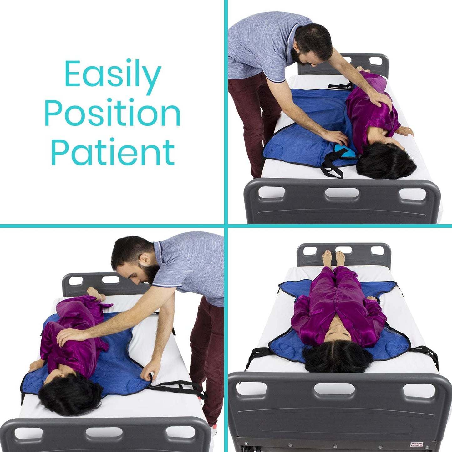 Blue patient lift sling with commode opening supporting a seated person on a lift