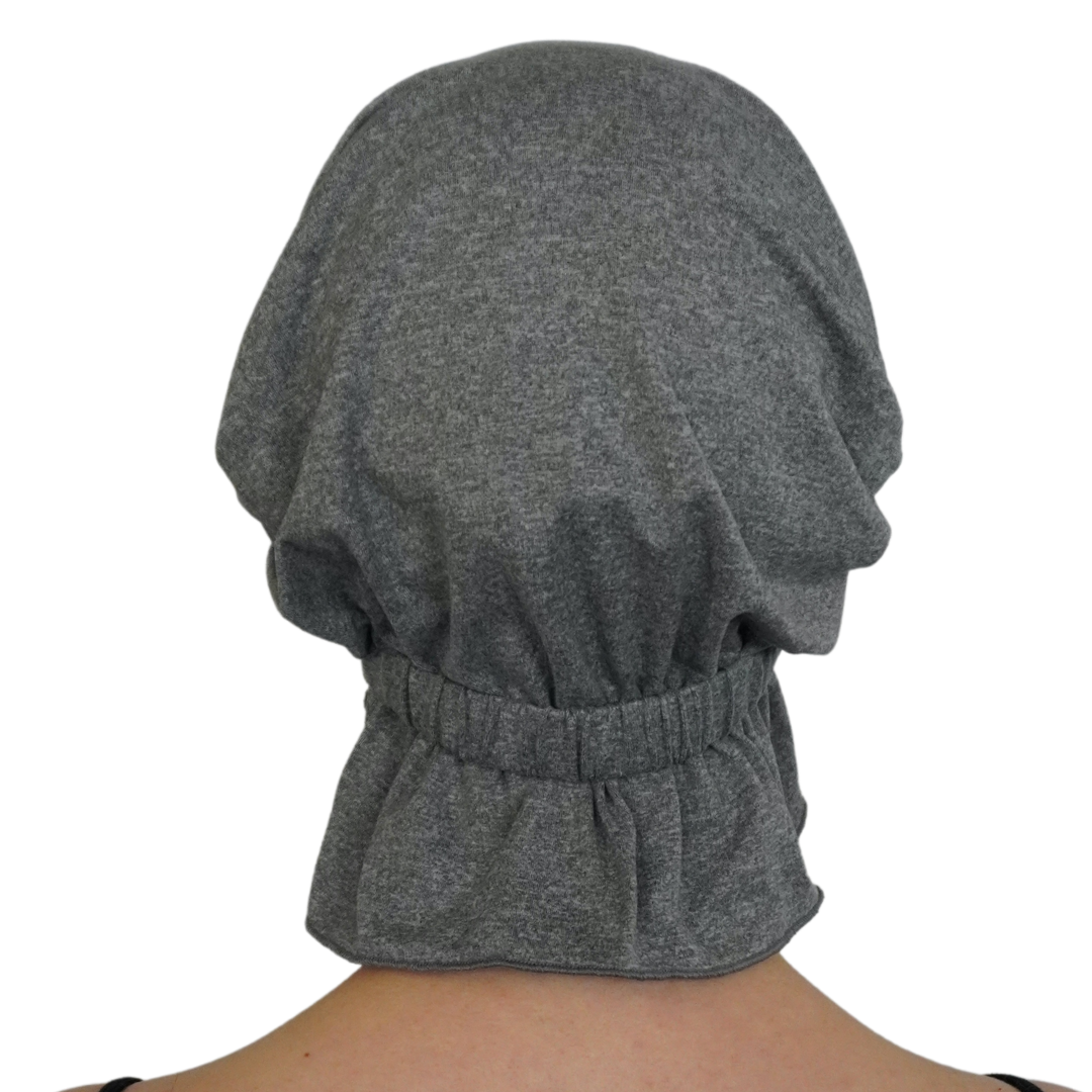 Gray chemo beanie with gathered band at neck and side drape