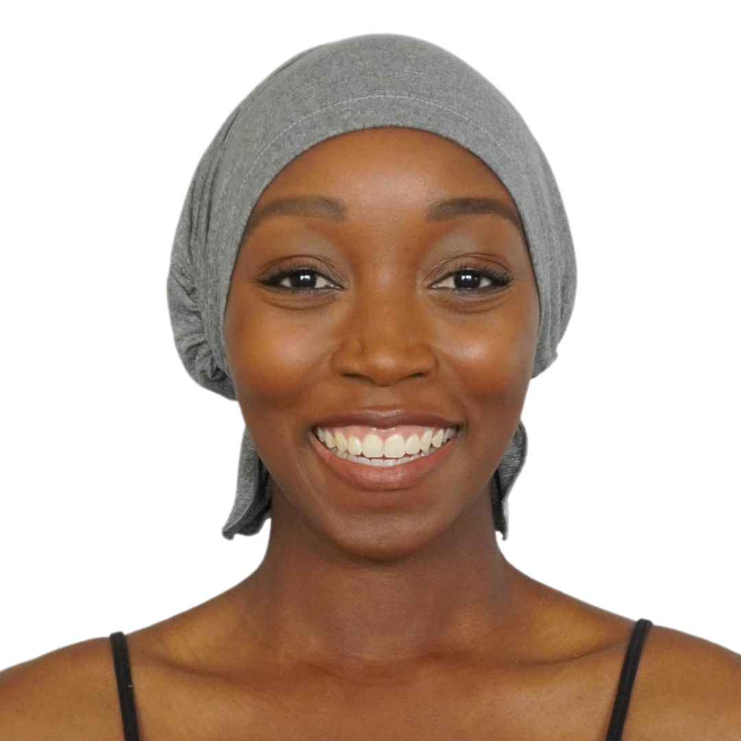 Gray chemo beanie cap with gathered back and smooth front fit