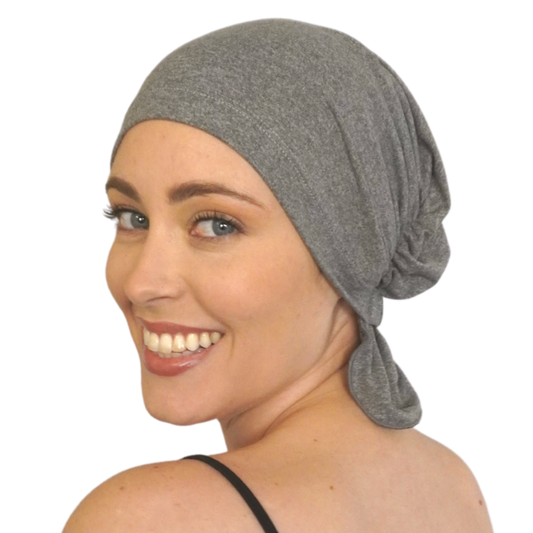 Gray chemo beanie with soft draped wrap and gathered back
