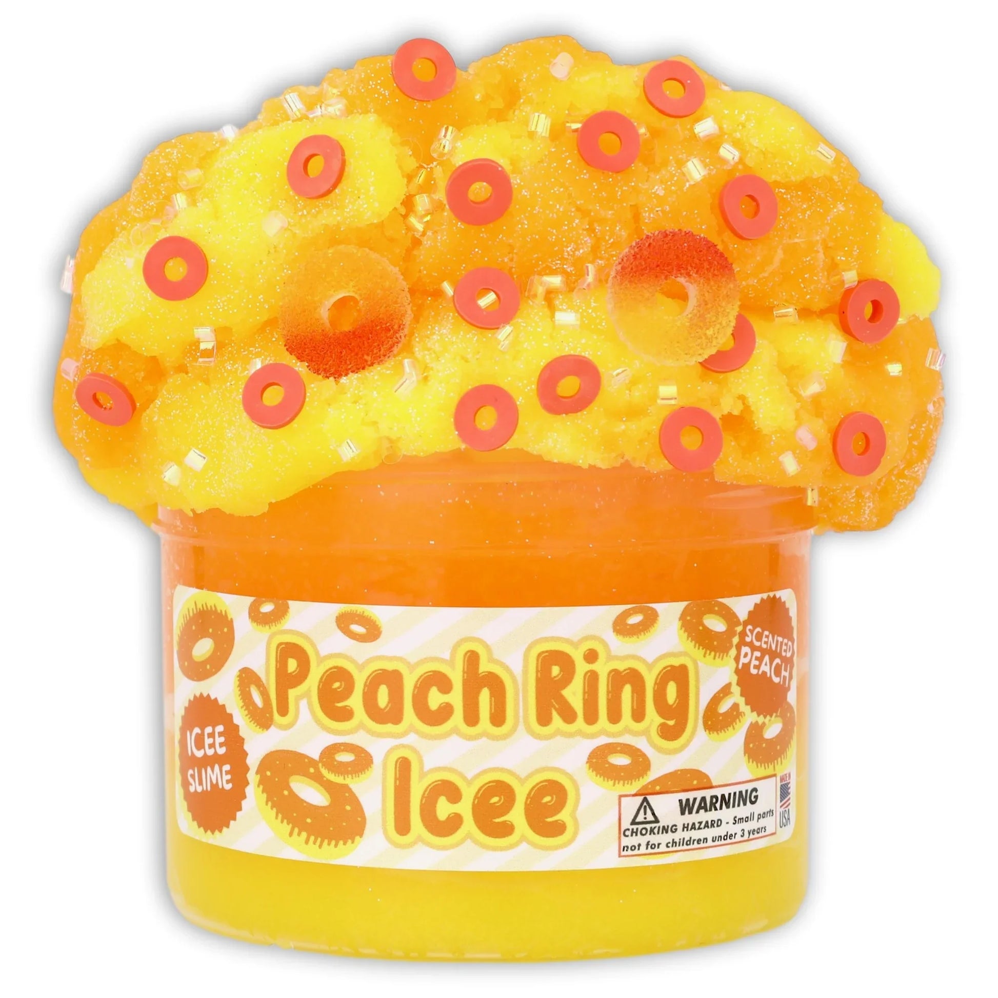 Peach icee slime jar with yellow and orange swirled gel and molded topping