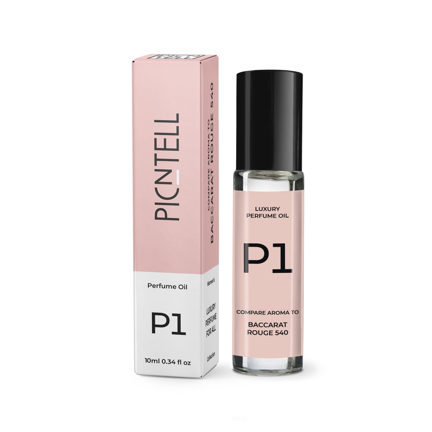 Perfume oil bottle with box, P1 label, black cap, 10ml glass
