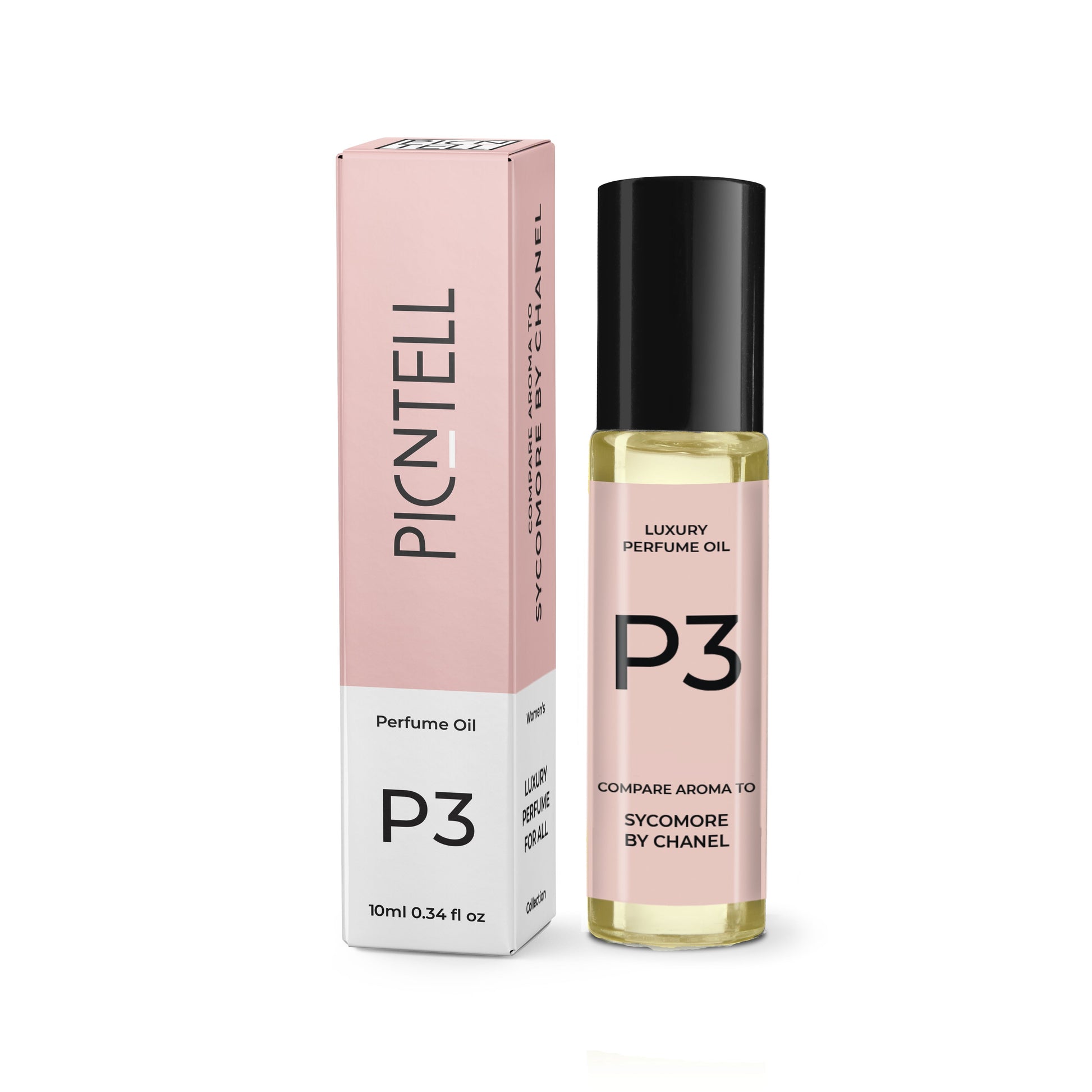 Perfume oil set: pink box and P3 bottle with black cap, 10 ml