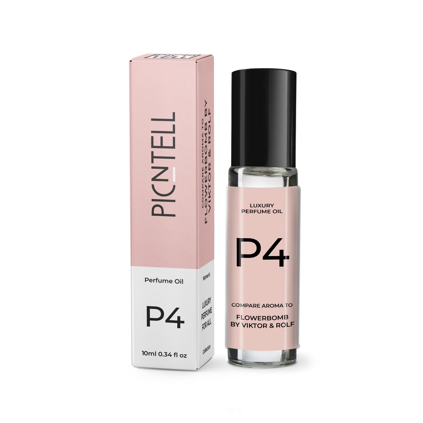 Perfume oil set with box and bottle, pink label, black cap, P4.