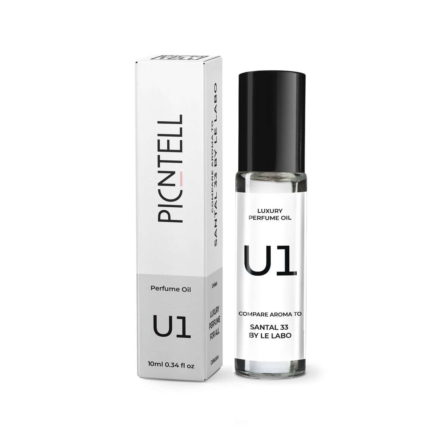 Perfume oil bottle with black cap and U1 label, with matching white box.