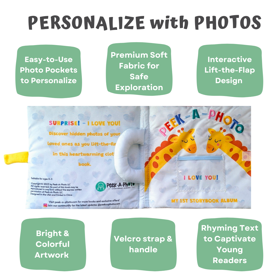 Infographic: Peek-A-Photo storybook album “Personalize with Photos” feature labels.