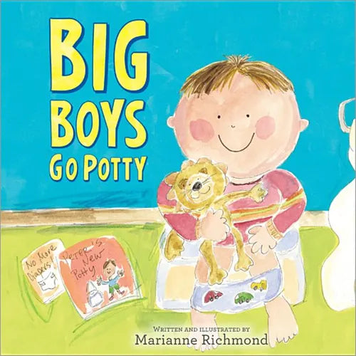 Hardcover picture book cover, Big Boys Go Potty, boy using potty with animals