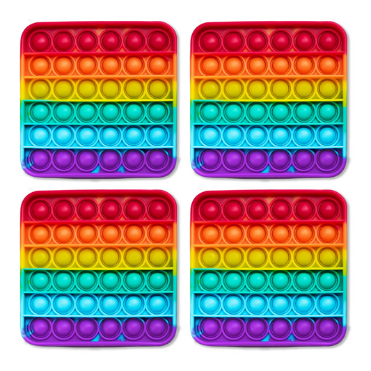Rainbow silicone push-pop fidget mat with six rows of round bubbles