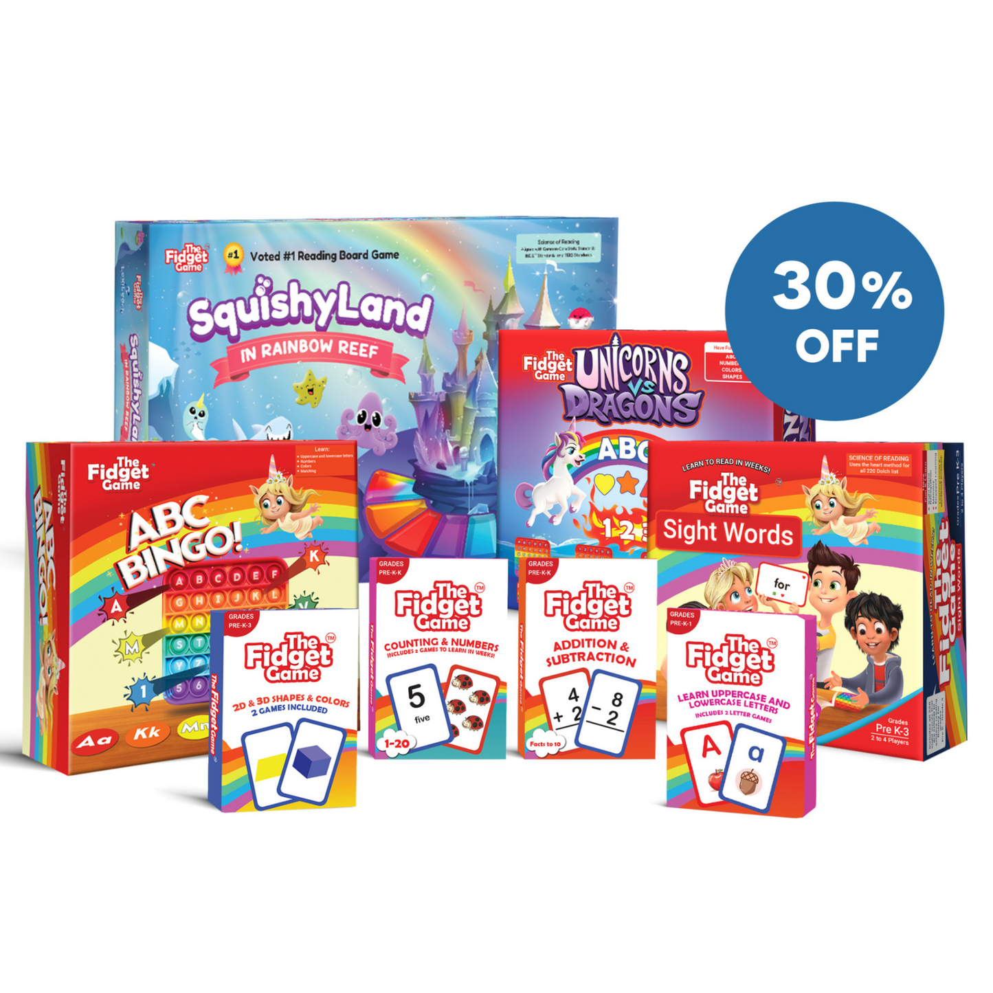 Pre-K educational fidget game bundle with multiple boxed card games and activities