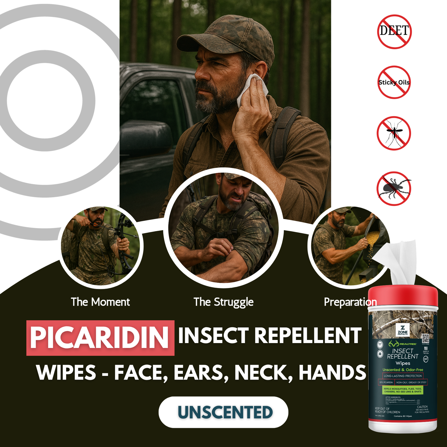 Unscented picaridin insect repellent wipes bottle with no-DEET and no-sticky-oils icons