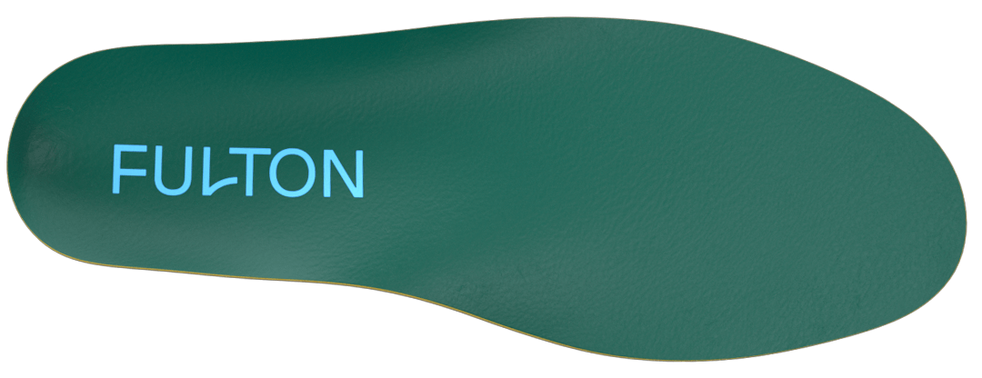 Green insole with FULTON logo and gold perimeter, top view.