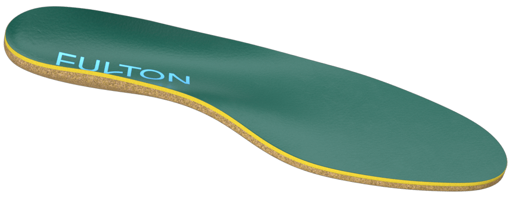 Green insole with gold edge and FULTON logo, side view.