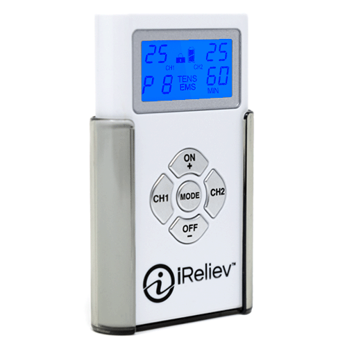 TENS + EMS controller with blue backlit LCD screen and CH1/CH2 controls