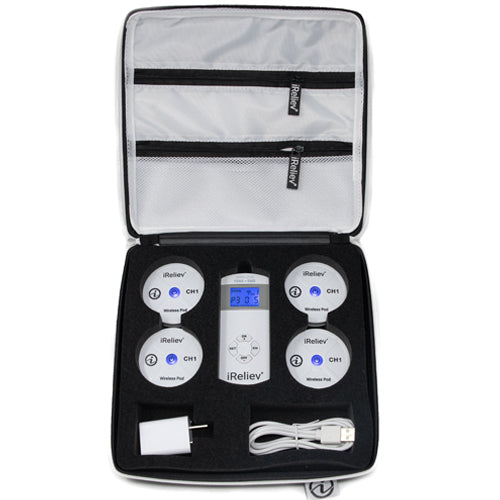 Open hard carry case with mesh pockets and iReliev control pods plus remote display
