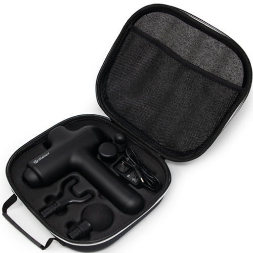 Black zippered carrying case with molded slots for percussion massage gun heads