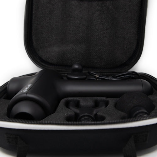 Open carrying case with stored massage gun attachment heads