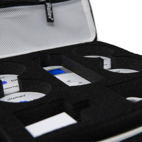 Interior view of hard carry case with iReliev pods and remote display screen