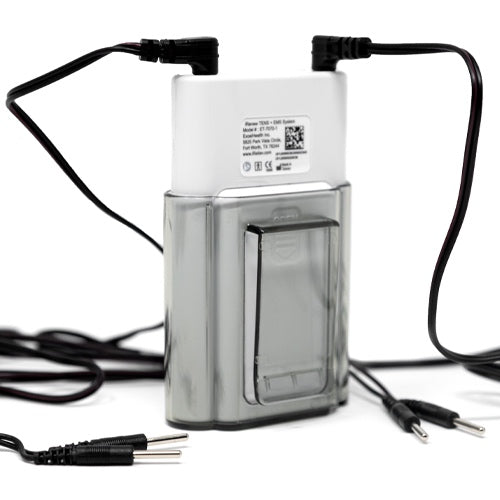 TENS + EMS controller with power/port area and multiple wired leads