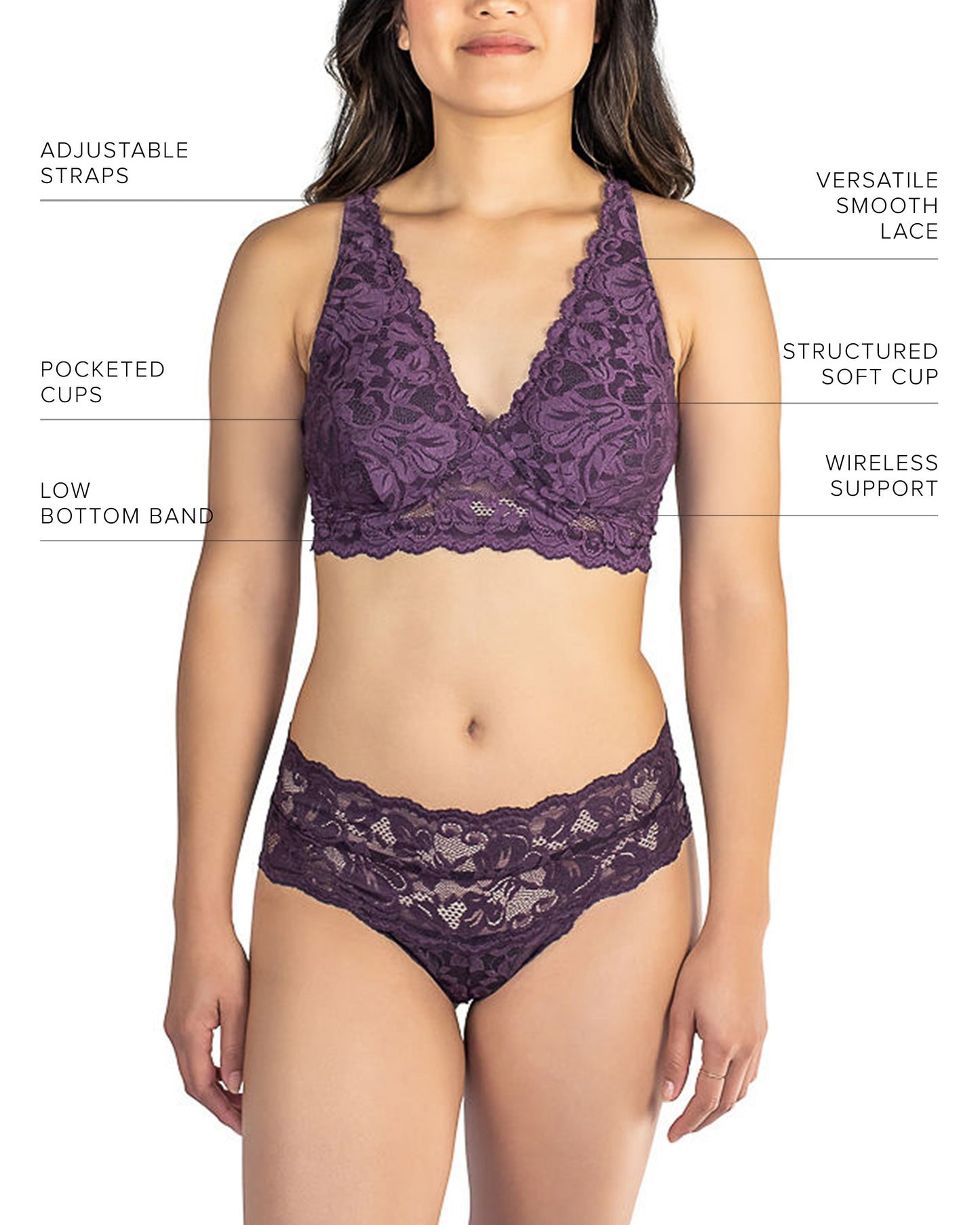 Orchid purple lace wireless bra with adjustable straps and structured soft cups