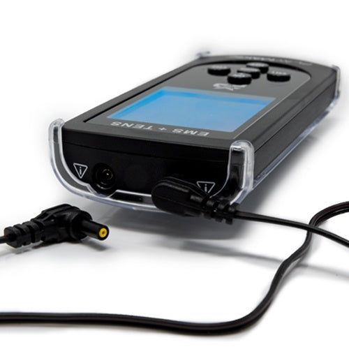 Handheld EMS muscle stimulator unit with LCD screen and power cables