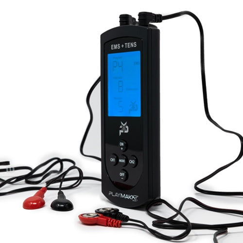 Black EMS and TENS muscle stimulator control unit with connected electrode cables