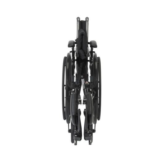 Lightweight wheelchair rear view, black seat and back cushion, adjustable desk-style arms