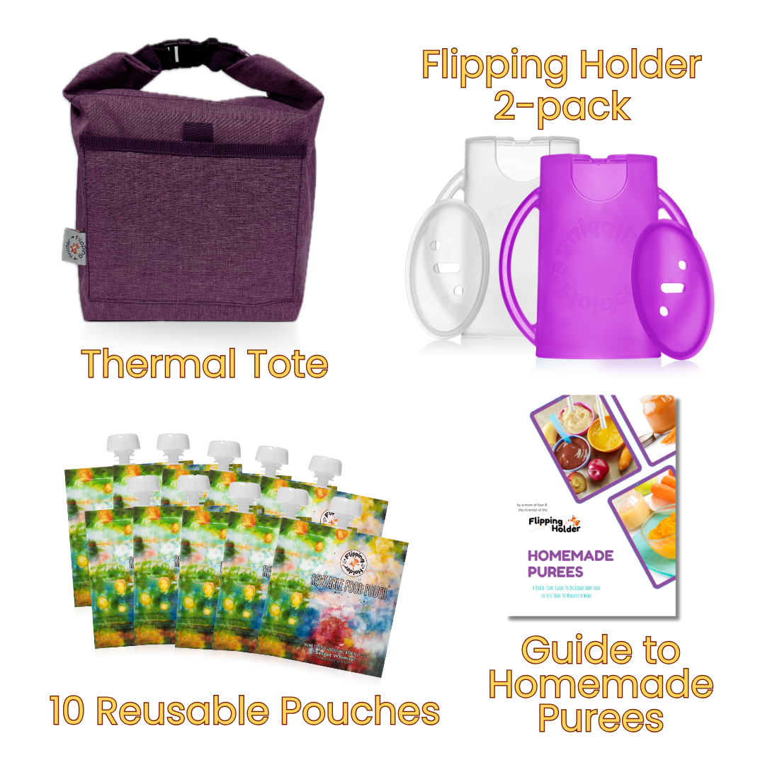 Gift-ready bundle set: purple thermal tote with purple-and-white pouch holders and colorful pouch packs