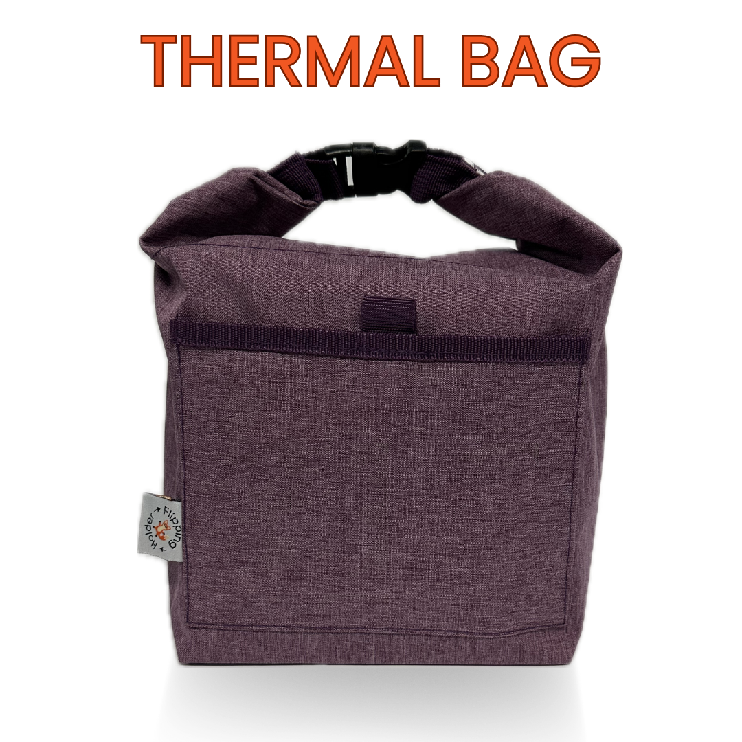 Purple insulated snack bag with roll-top closure and top carry handle, front pocket panel
