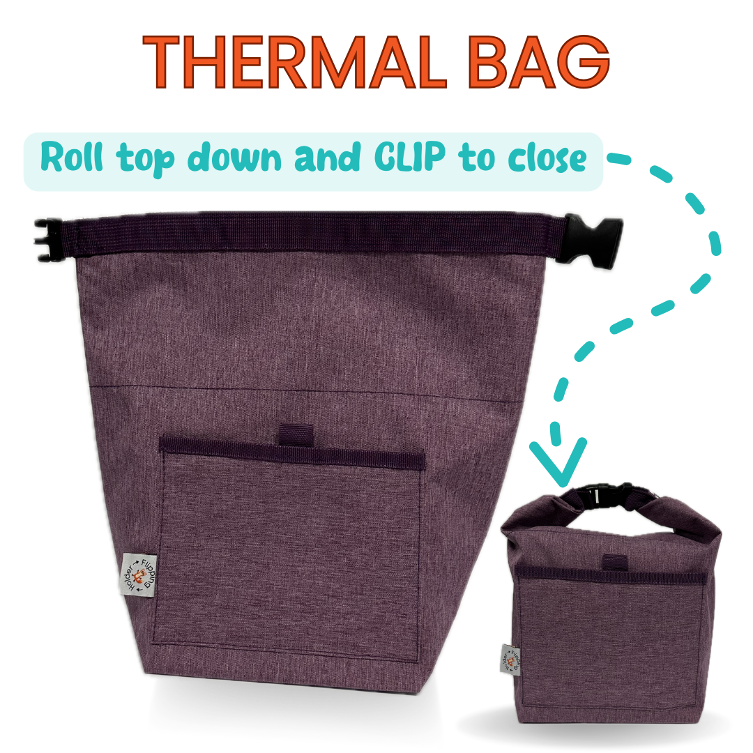 Purple insulated snack bag with roll-top down and snap/clip closure, front pocket panel