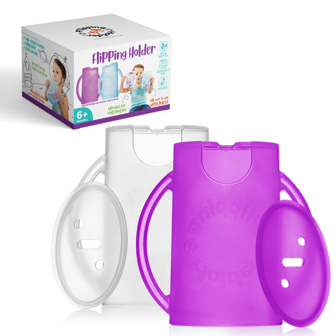 Food pouch holder set with white and purple trays, oval lid, and retail box