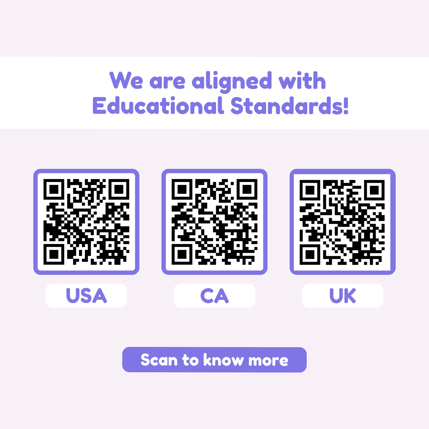 Reading learning bundle standards panel with three QR codes for USA, CA, and UK
