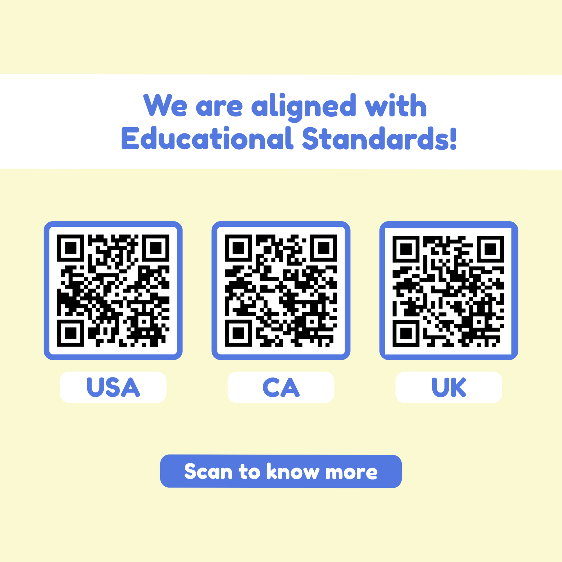 Educational standards alignment QR code graphic for USA, CA, and UK