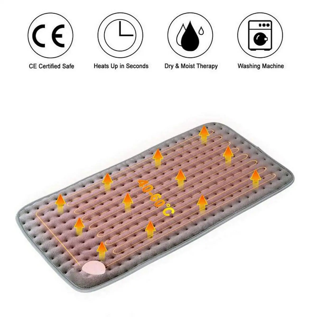 Electric heating pad with heating zones pattern and control icons on white background