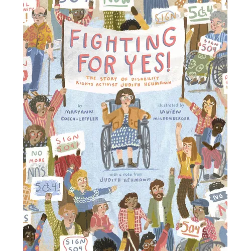 Hardcover book with colorful illustration of Judith Heumann and rights protest signs