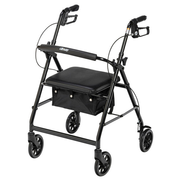 Front view of black rolling walker with padded seat and curved hand grips