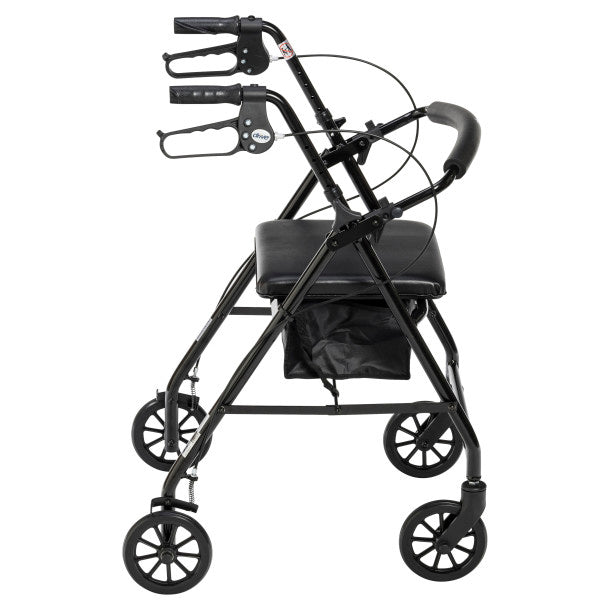 Black rollator rolling walker with padded seat and curved hand grips
