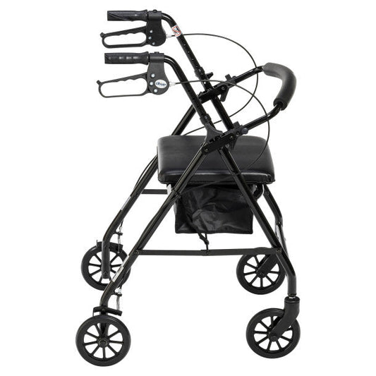 Black rollator rolling walker with padded seat and curved hand grips