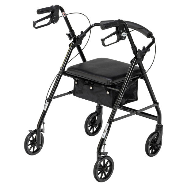 Black rolling walker with padded seat, removable back support, and under-seat storage