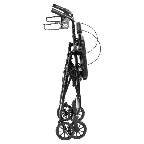 Black rollator rolling walker shown from the side with 6-inch wheels