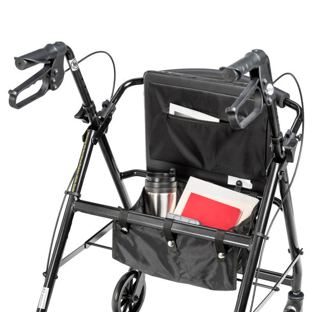 Black rollator with under-seat bag and padded seat on rolling wheels