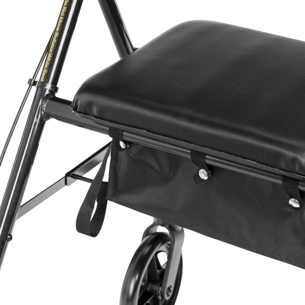 Close-up of black padded seat and under-seat storage panel on rolling walker