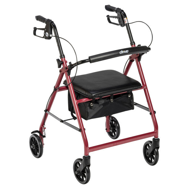 Red rolling walker with padded seat, removable back support, and under-seat storage