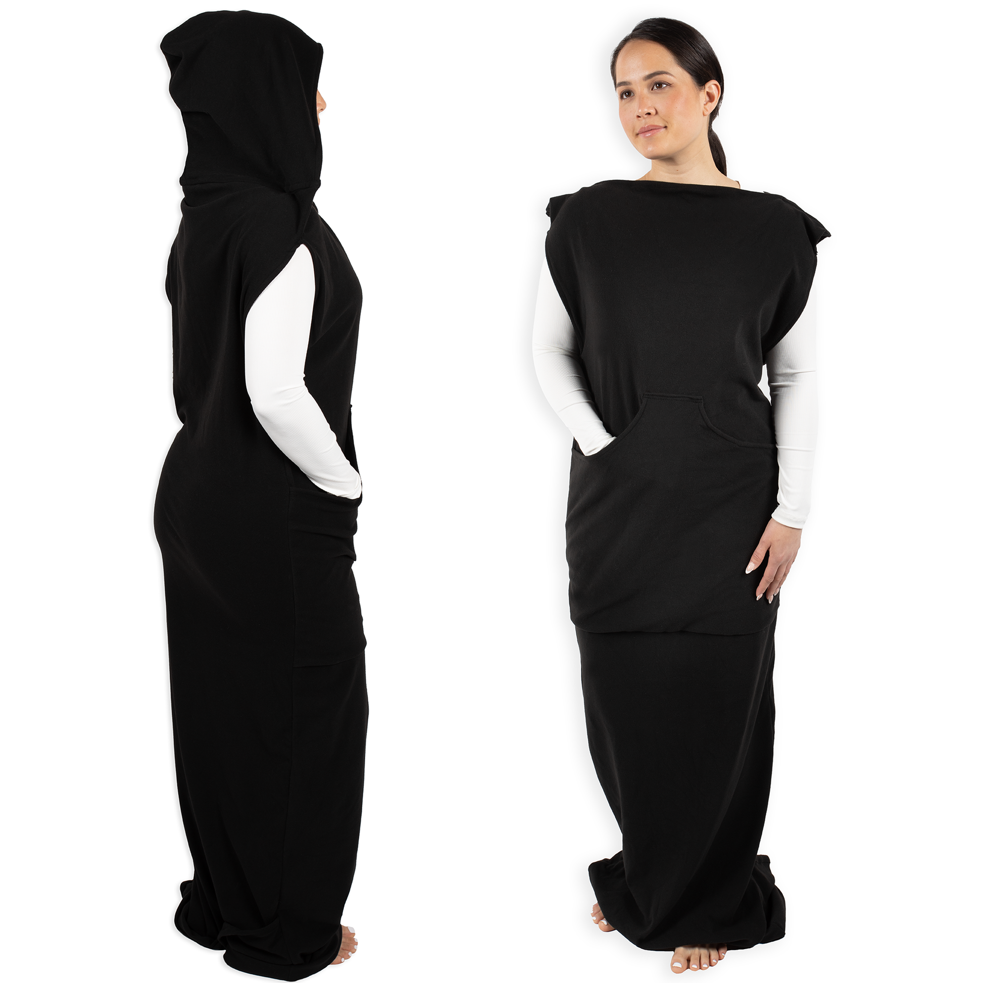 Black wearable compression hoodie-blanket shown in side and front views, with hood