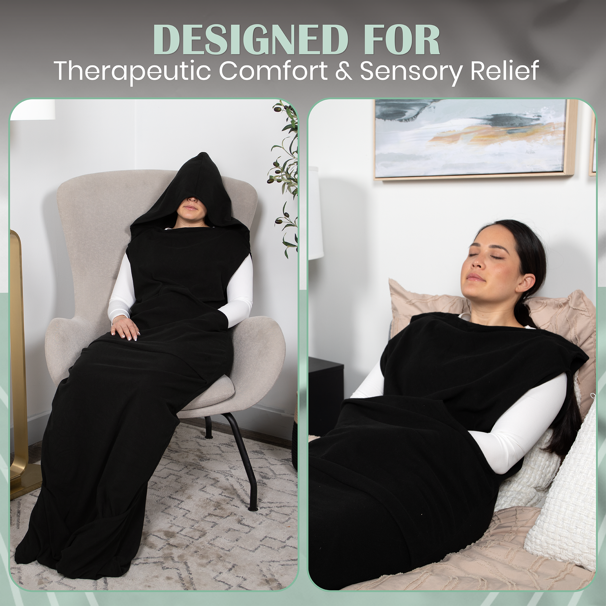 Black wearable compression hoodie-blanket with hood, front pouch, and long draped sleeves