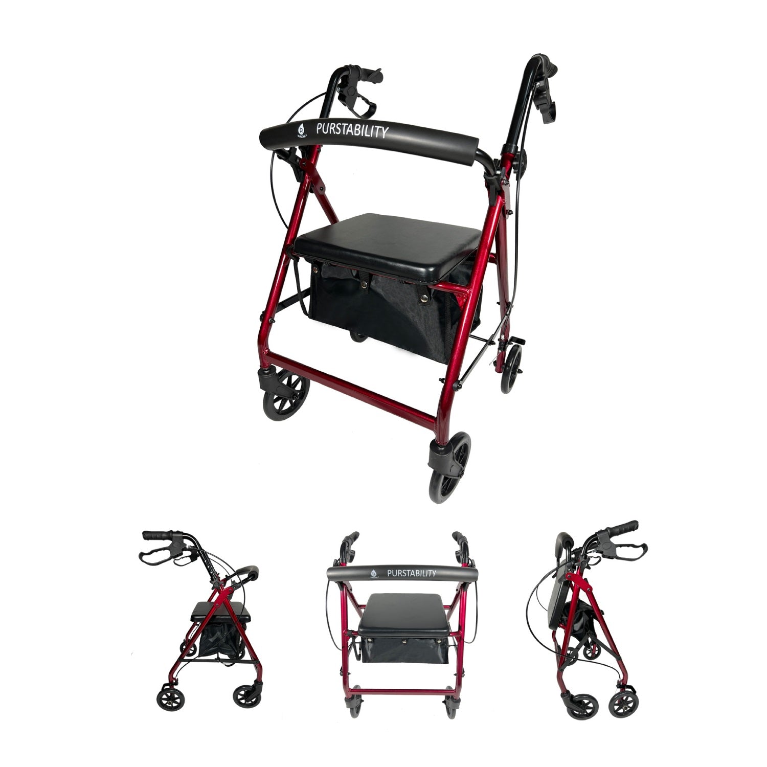 Purstability Rollator Walker by Pursonic, red frame, black seat and storage bag, multiple views